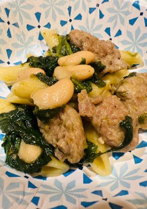 A picture of Penne with Spinach,Beans and Sweet Sausage.
