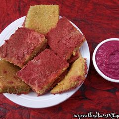 Red Velvet Dhokla with Pink Chutney A picture of Red Velvet Dhokla with Pink Chutney.