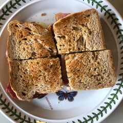 A picture of Bacon, Cheese, Spring Onion & Dijon Mustard between Toast.