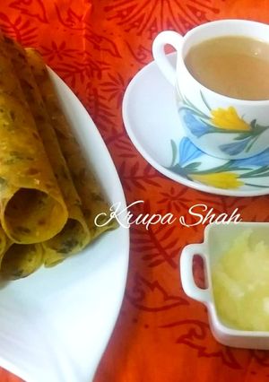 A picture of Thepla with ghee and tea.