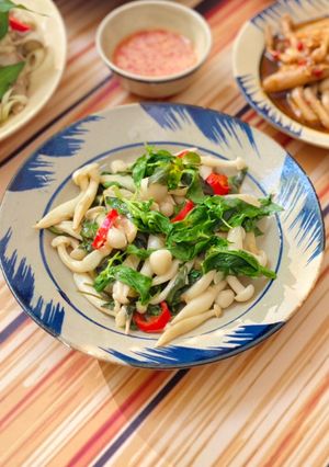 Hình của món Nấm Linh Chi Xào Húng Quế Trắng.