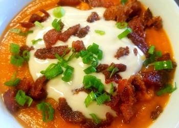 Easiest Way to Recipe Appetizing Sweet Potato Soup With Maple Sour Cream and Candied Bacon