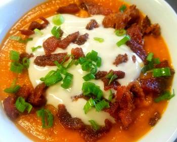 New Recipe Sweet Potato Soup With Maple Sour Cream and Candied Bacon Most Delicious