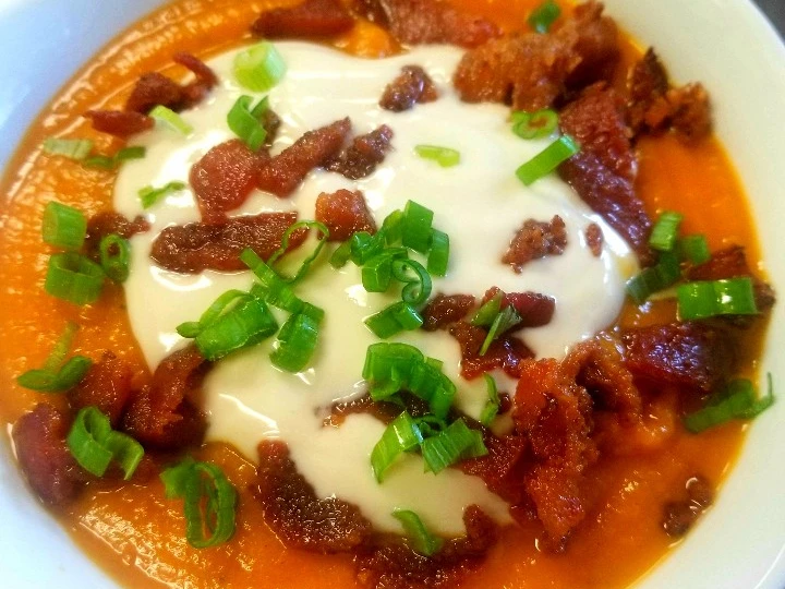 Easy Steps Prepare Recipes Sweet Potato Soup With Maple Sour Cream and Candied Bacon the Delicious Tasty.