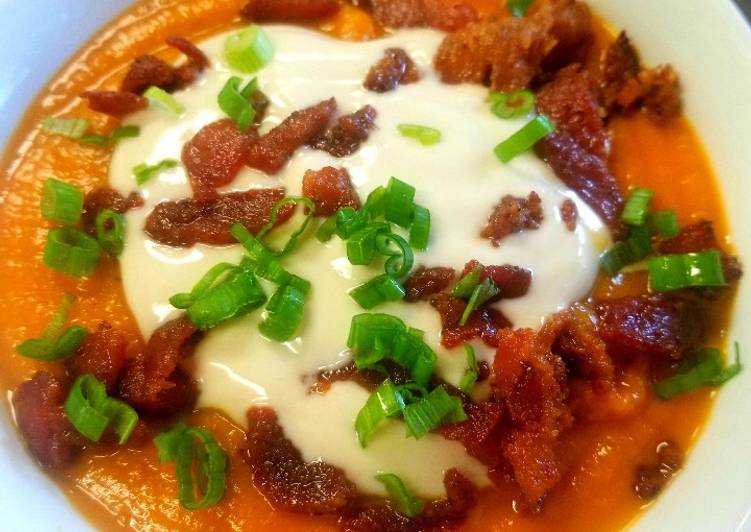 The BEST of Sweet Potato Soup With Maple Sour Cream and Candied Bacon