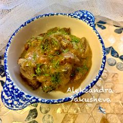 A picture of Venison with Wild Mushrooms in Mustard-Honey Sauce.