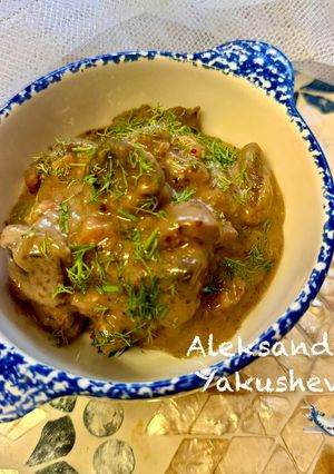 A picture of Venison with Wild Mushrooms in Mustard-Honey Sauce.