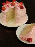 White Chocolate Layer Cake Filled with Strawberry Mousse and Frosted with Whipped Strawberry White Chocolate Ganache