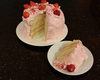 Fresh, Serving Recipe White Chocolate Layer Cake Filled with Strawberry Mousse and Frosted with Whipped Strawberry White Chocolate Ganache Savory Delicious