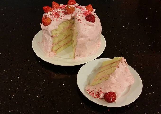 White Chocolate Layer Cake Filled with Strawberry Mousse and Frosted with Whipped Strawberry White Chocolate Ganache