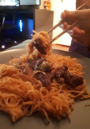 A picture of Spicy beef n noodles.