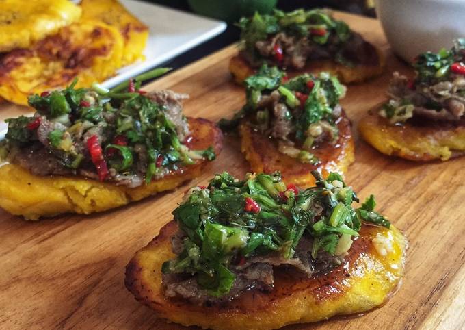 Chimichurri Steak on Tostones