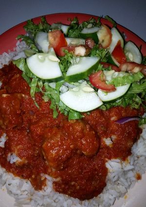 A picture of Rice and stew.