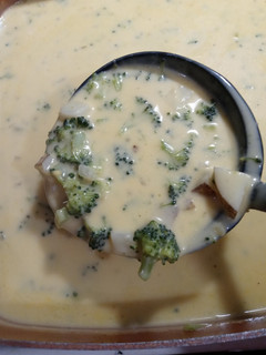 A picture of Cheesy Broccoli and Potato Soup.
