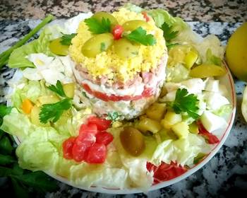 Easy Make Recipe Egg mimosa salad with vegetables tuna Home Style