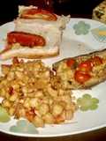 Garbanzos Refritos,  Choripan & Berenjenas con Tomates Cherry