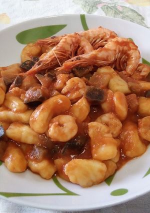 A picture of Potato Gnocchi with Eggplant and Shrimp.
