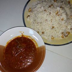 A picture of Boiled Rice, Beans and Stew.