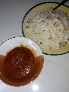 A picture of Boiled Rice, Beans and Stew.