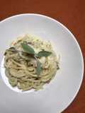 Spaghetti con salsa de queso scamorza