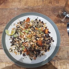 A picture of Sweet potato black bean rice salad with chilli lime dressing.