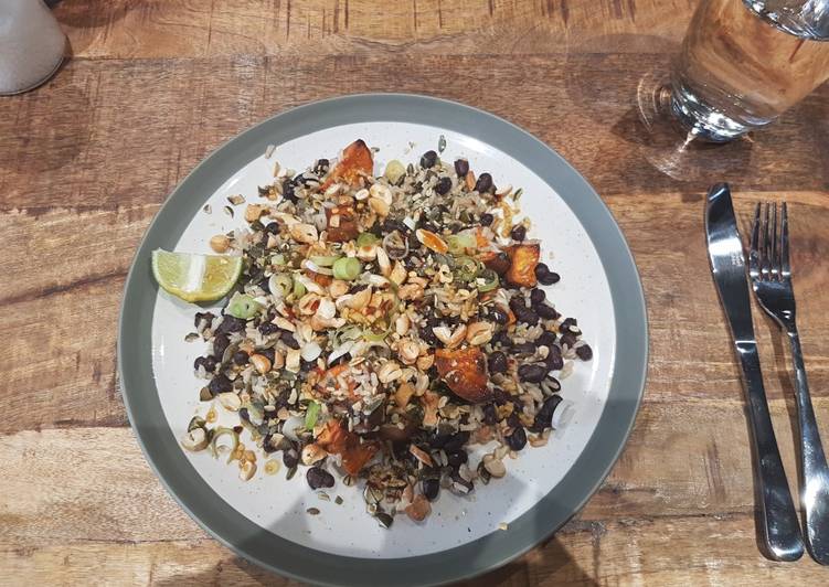 Step By Step Guide to Prepare Perfect Sweet potato black bean rice salad with chilli lime dressing