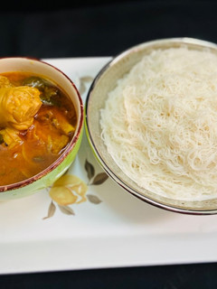A picture of Paya soup/Mutton leg soup with idiyappam/ healthy breakfast for kids.