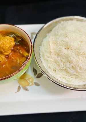 A picture of Paya soup/Mutton leg soup with idiyappam/ healthy breakfast for kids.