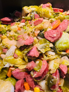 A picture of Brussel Sprouts with Kielbasa.