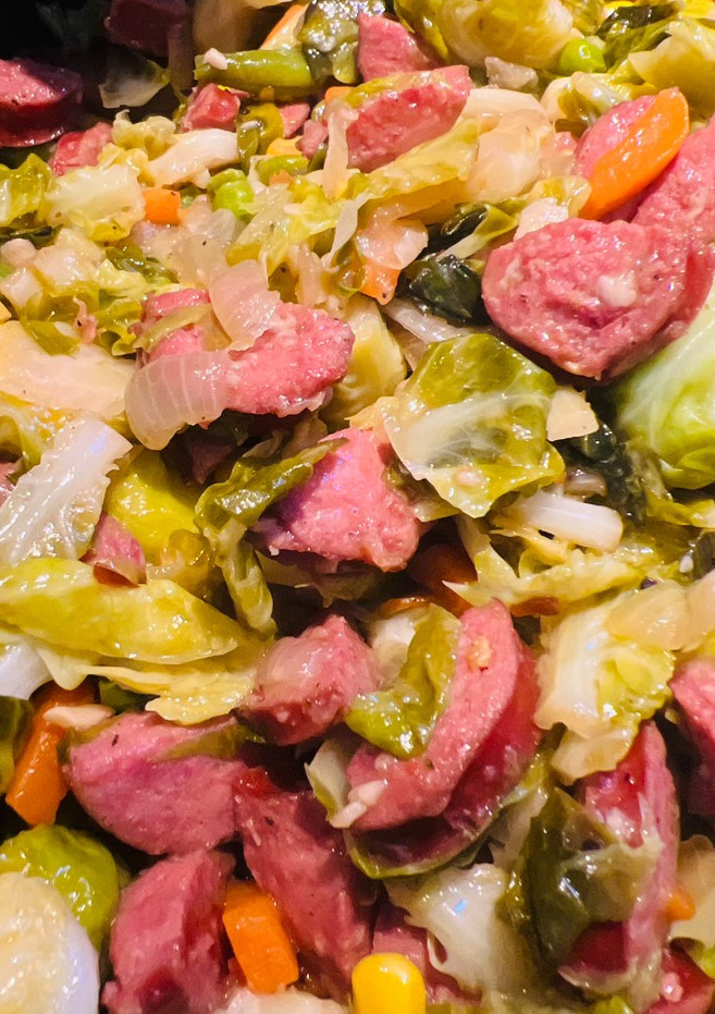 A picture of Brussel Sprouts with Kielbasa.