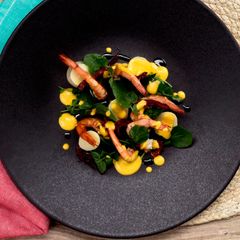 A picture of Palm heart, shrimp, watercress and confit tomato in extra virgin olive oil from Spain salad.