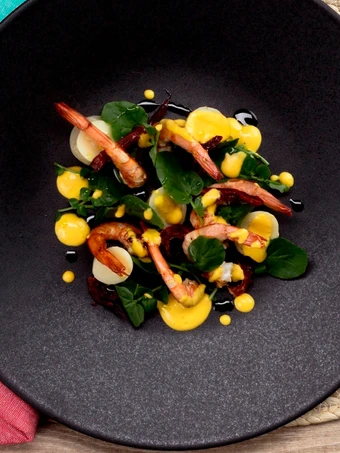 Easy Steps to Make Palm heart, shrimp, watercress and confit tomato in extra virgin olive oil from Spain salad the Awesome  Makes you drool