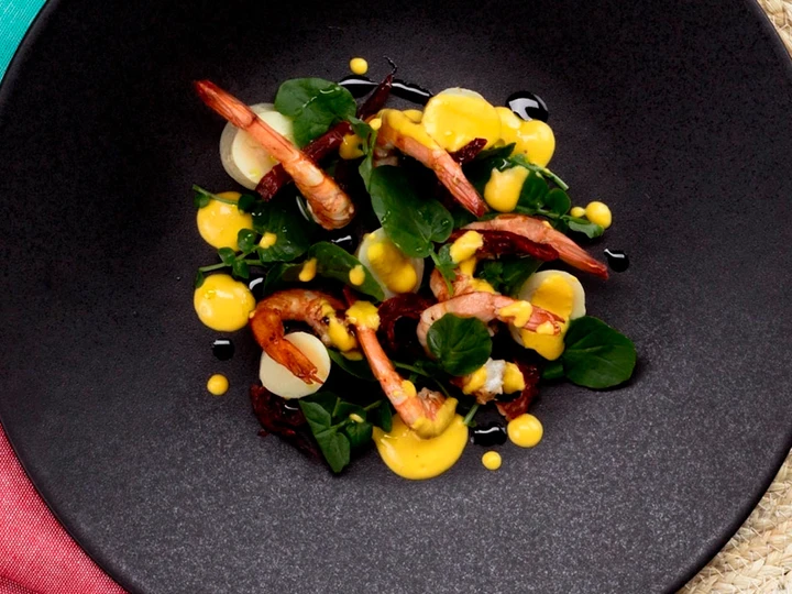 Easy Steps to Make Palm heart, shrimp, watercress and confit tomato in extra virgin olive oil from Spain salad the Awesome  Makes you drool