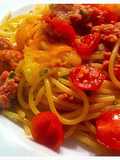 Espaguetis Tomates Cherry y Salchicha