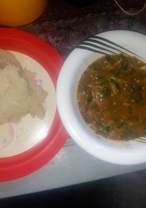 A picture of Eba with ogbono soup.