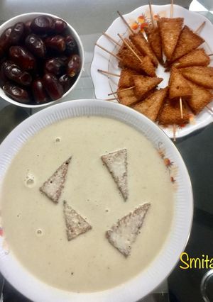 A picture of Almond milk and Sweet Potato Soup served with Croutons.