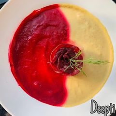 A picture of Vegan curried cauliflower and beetroot soup.