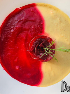 A picture of Vegan curried cauliflower and beetroot soup.