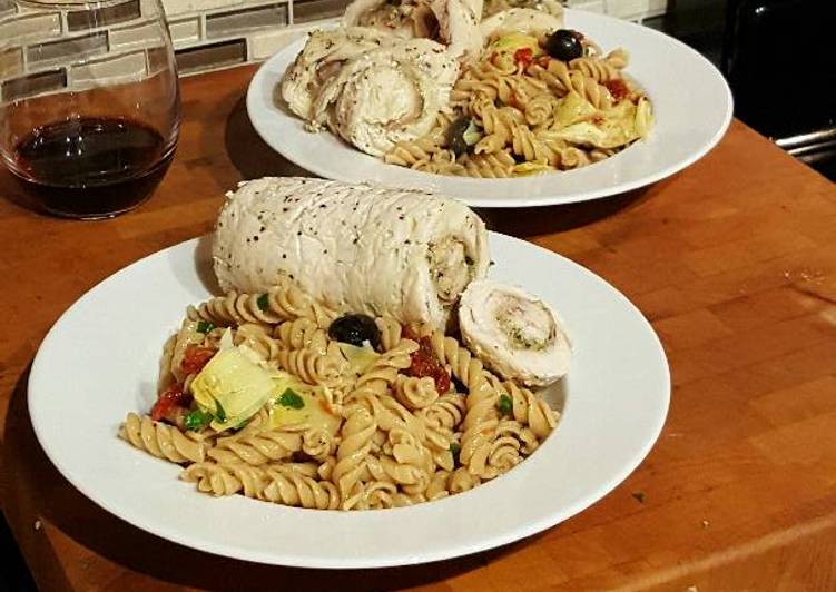 Steamed Pesto Chicken Rolls with Whole Wheat Pasta