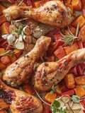 Honig-Hähnchenkeulen mit Kürbis und Paprika