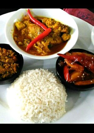 A picture of Chicken with pumpkin, sweet & savory potatoes, fish bhurji.