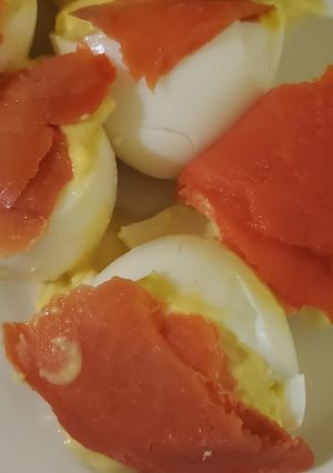A picture of Deviled eggs and lox.
