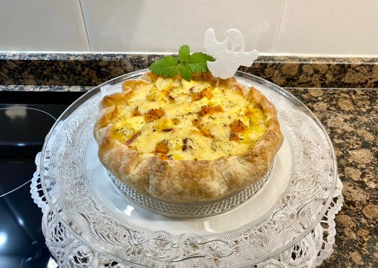 Pizza rústica de calabaza, patata y baicon