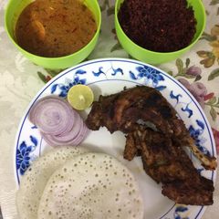 A picture of Kerala appam with egg curry,beetroot toran (with coconut).