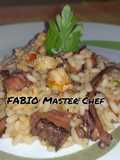 Risotto con Tentacoli di Totani e Gamberoni sfumati al Cognac