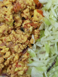 A picture of Scrambled eggs with cabbage.