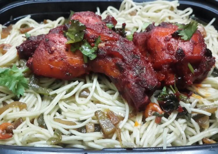 Prawn and mixed veg chowmein with tandoori chicken