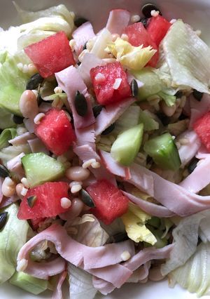 A picture of Watermelon, Asparagus and Cucumber Salad.