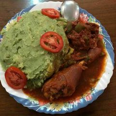 A picture of Chicken stew with mokimo.