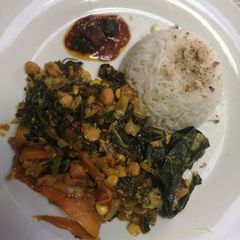 A picture of Spinach, chickpea curry with Asian coconut milk.